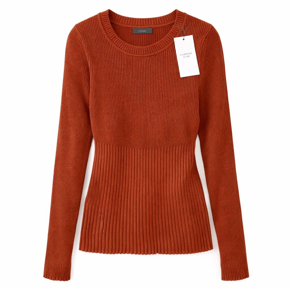 INC Ribbed Crewneck Sweater Large NWT Copper Penny Slim Fit Knit Top Fall - Picture 3 of 4